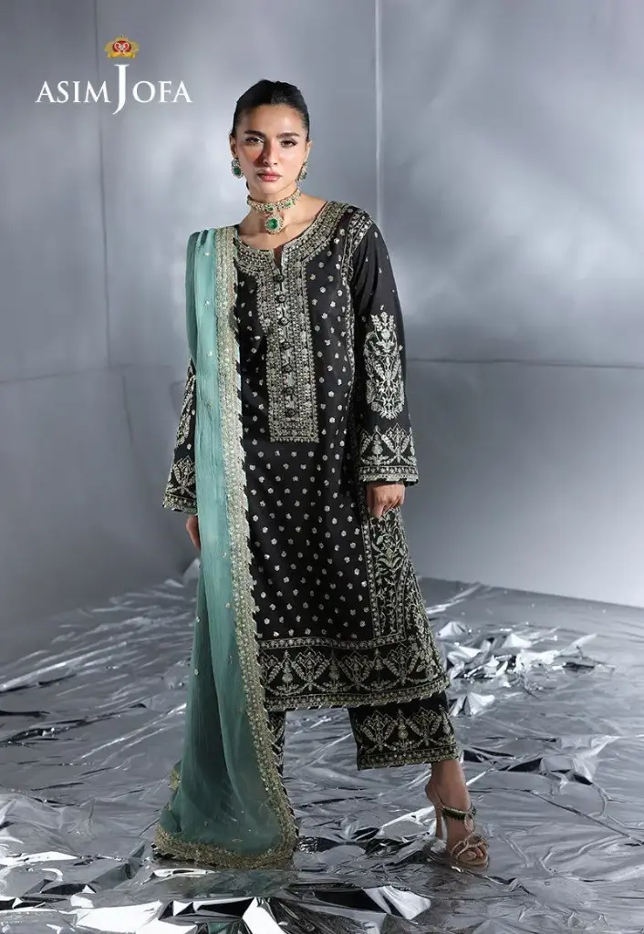 PRESENTING ASIMJOFA BRAND LUXURY CHIFFON EMBROIDERED ARTICLE  Fabric Detail Complete Suit Based on Chiffon Fabric with Silk Trosuer  Front Heavy Embroridered Front With Attach Embroidered Panel Back Luxury Embroidered Backside  Front & Back Daman Heavy Embroidered Daman Patches Sleeve Heavy Embroidered Sleeve  With Embroidered Patch Dupatta Luxury Heavy Embroidered With 4 Side Embroidered Dupatta 2.5 Yard