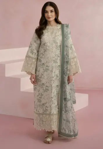 BRAND:AFROZEH chikankari embriodered lawn unstitced 3pc✓