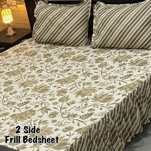 BEDHSEET NEW COLLECTION 3Pc Stitched 2 Sided Frill Bedsheets