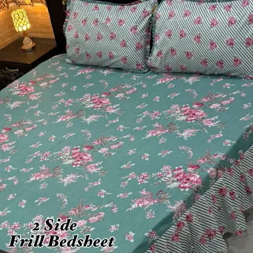 BEDHSEET NEW COLLECTION 3Pc Stitched 2 Sided Frill Bedsheets