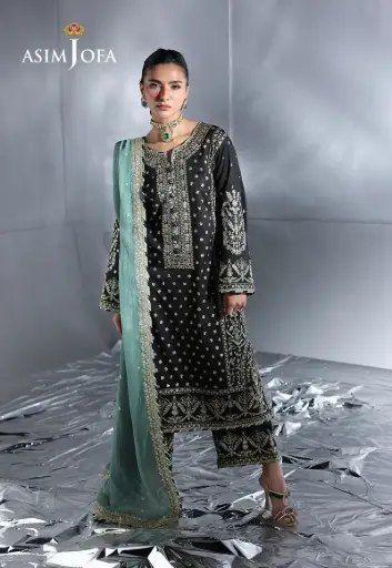 PRESENTING ASIMJOFA BRAND LUXURY CHIFFON EMBROIDERED ARTICLE  Fabric Detail Complete Suit Based on Chiffon Fabric with Silk Trosuer  Front Heavy Embroridered Front With Attach Embroidered Panel Back Luxury Embroidered Backside  Front & Back Daman Heavy Embroidered Daman Patches Sleeve Heavy Embroidered Sleeve  With Embroidered Patch Dupatta Luxury Heavy Embroidered With 4 Side Embroidered Dupatta 2.5 Yard